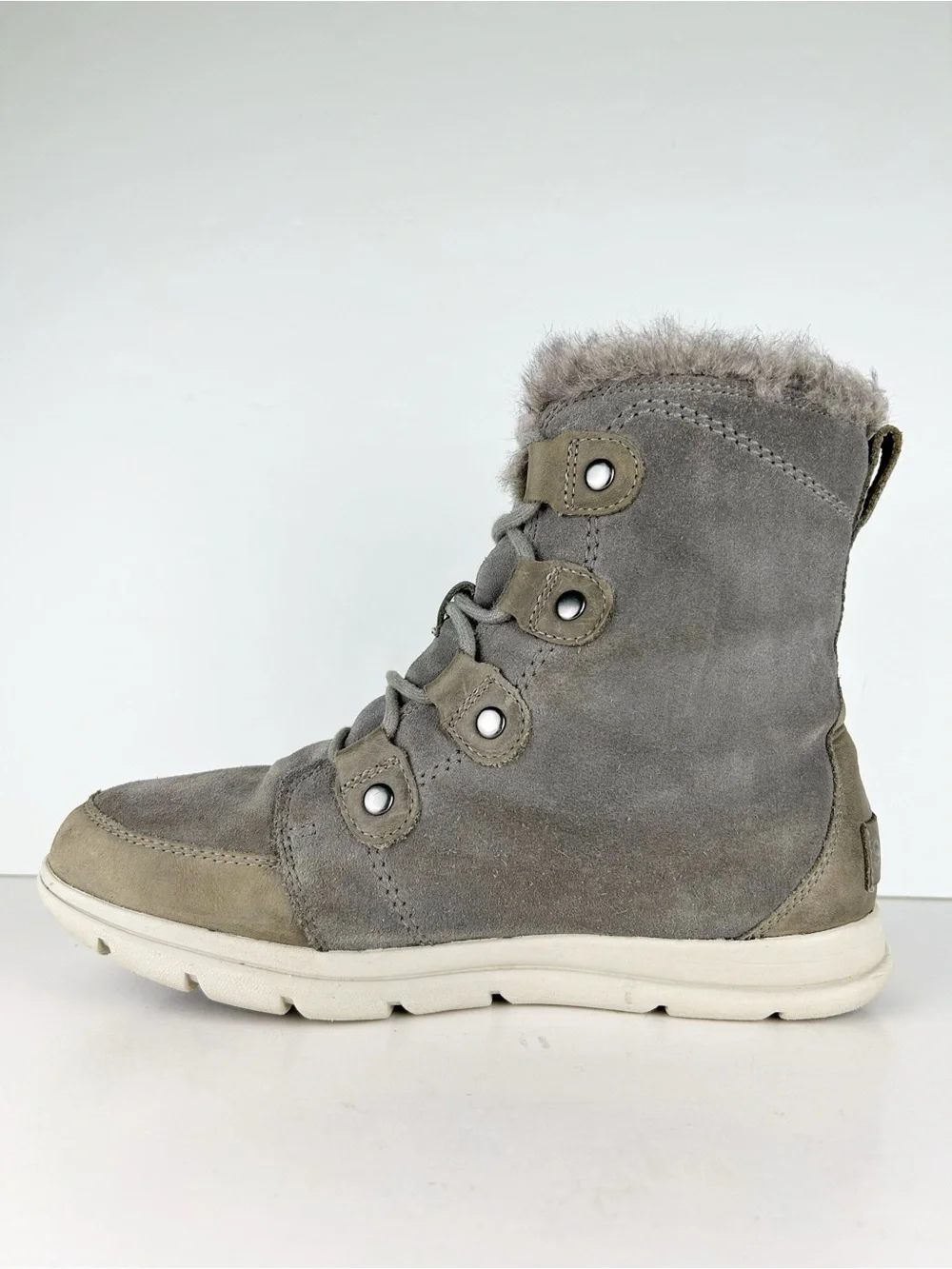 Sorel Explorer Joan Quarry Gray Suede Leather Lace Up Waterproof Ankle Boot